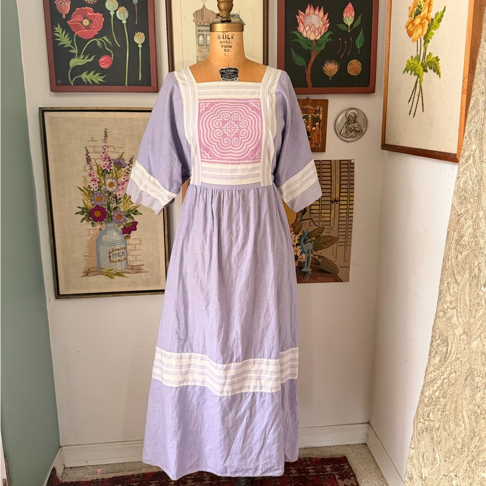 Lavender and White Embroidered Midi Dress